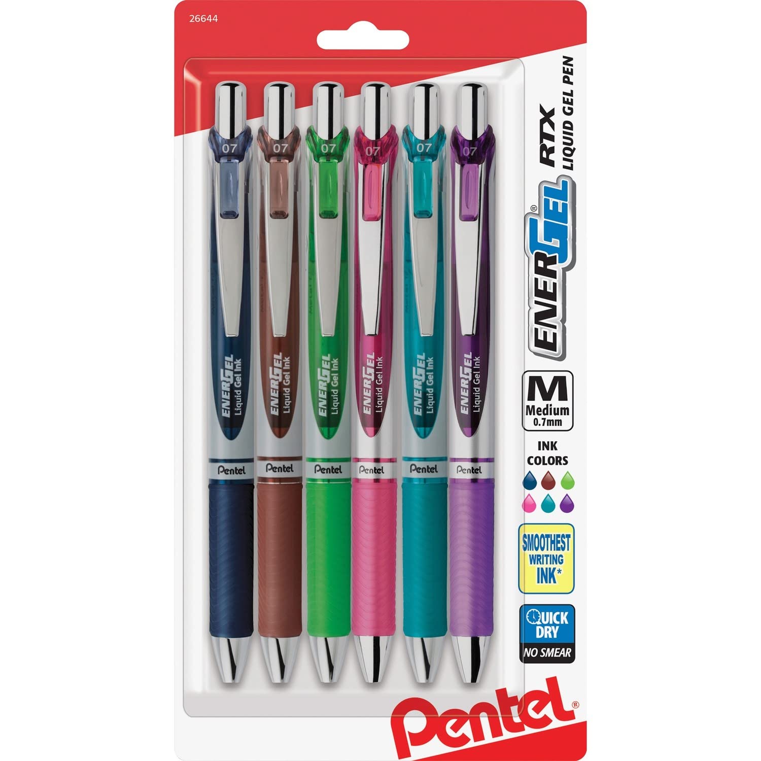 Pentel EnerGel RTX Retractable Liquid Gel Pen, (0.7mm) Metal Tip, Medium Line, Assorted Ink, 6-Pk (BL77BP6M1)