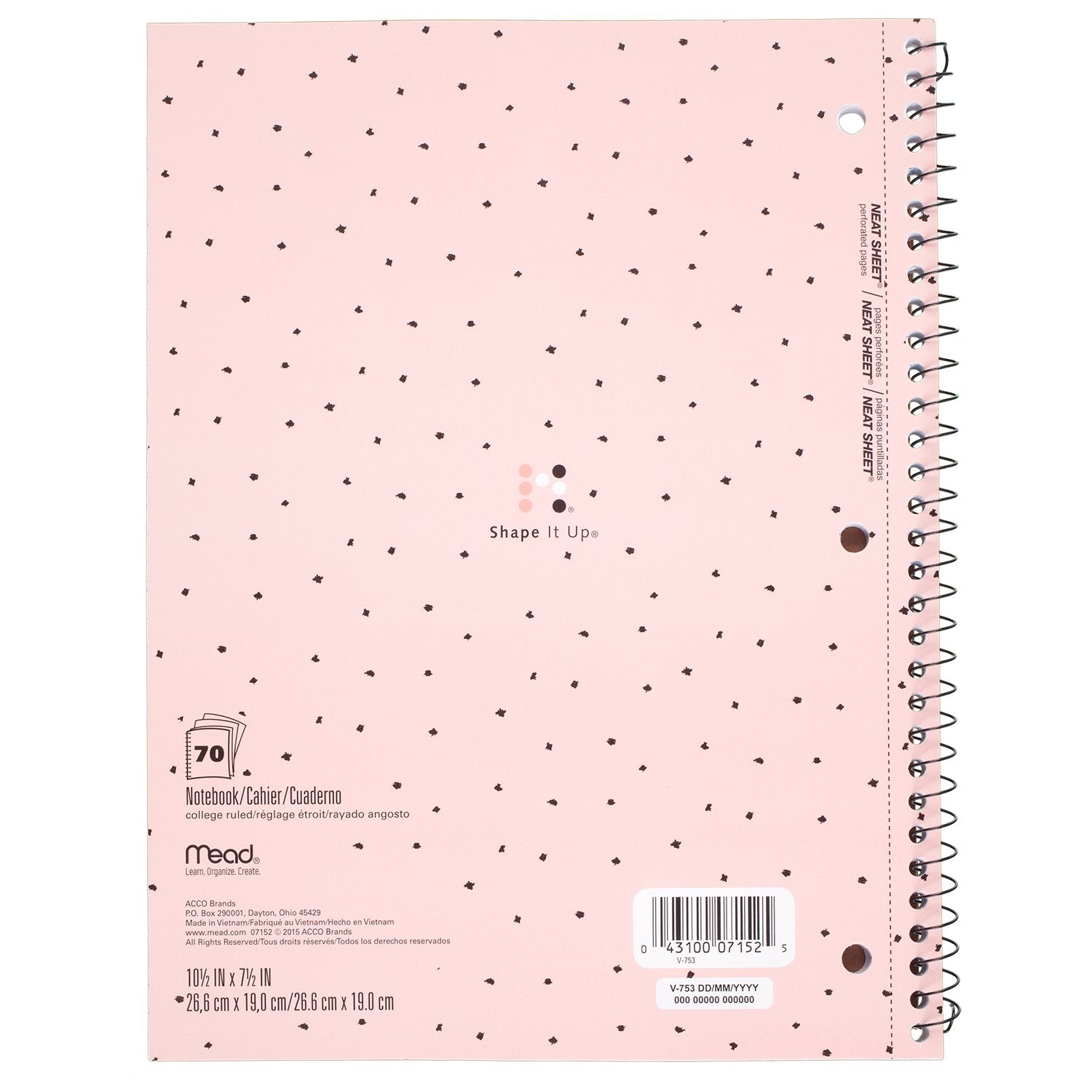 Mead Spiral Notebook, 1 Subject, College Ruled Paper, 70 Sheets, 10-1/2" x 7-1/2", Shape It Up, Design Will Vary, 1 Notebook (07152)