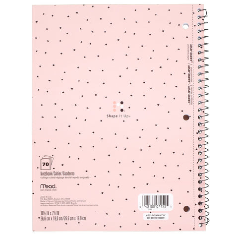 Mead Spiral Notebook, 1 Subject, College Ruled Paper, 70 Sheets, 10-1/2" x 7-1/2", Shape It Up, Design Will Vary, 1 Notebook (07152)