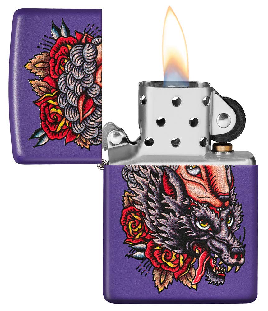 Zippo Wolf in Sheeps Clothing Tattoo Design Purple Matte Pocket Lighter