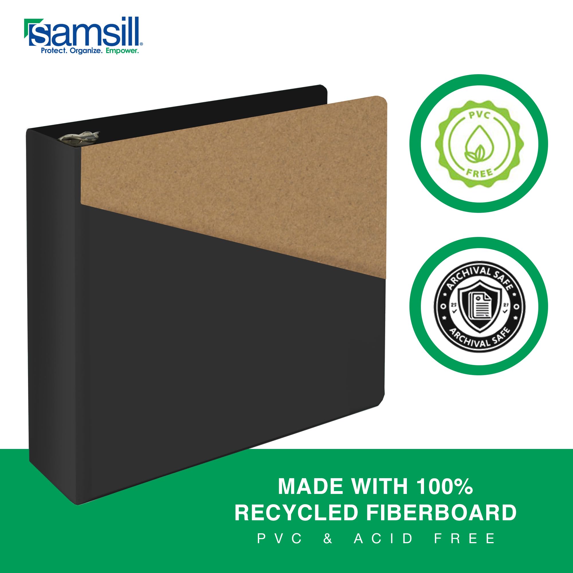 Samsill 3 Inch Document Storage Binder, 100% Recycled Chipboard, Round Ring, 3 Ring Binder, Black