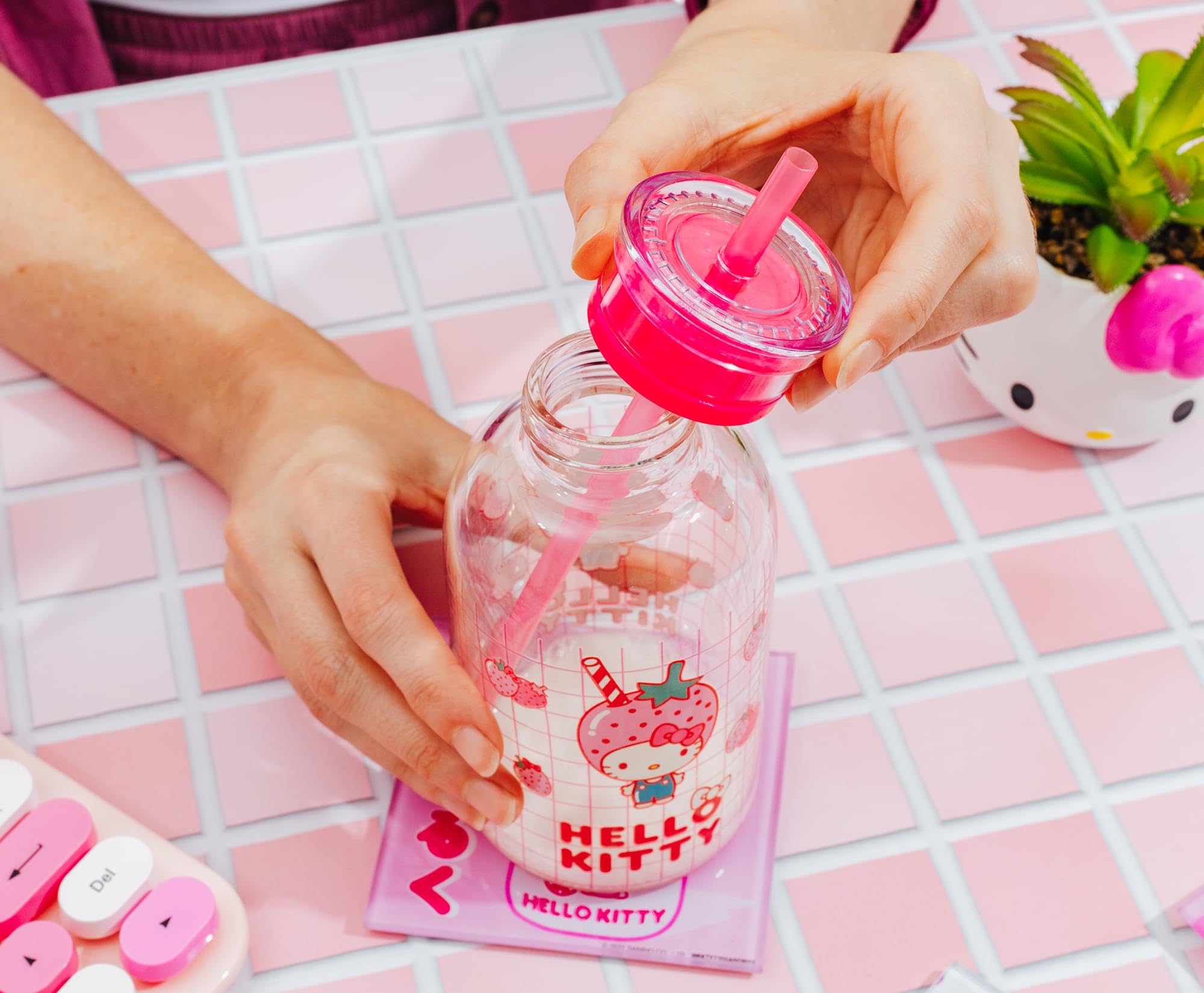 Silver Buffalo Sanrio Hello Kitty Strawberry Milk Grid Glass Milk Bottle with Straw, 15 Ounces
