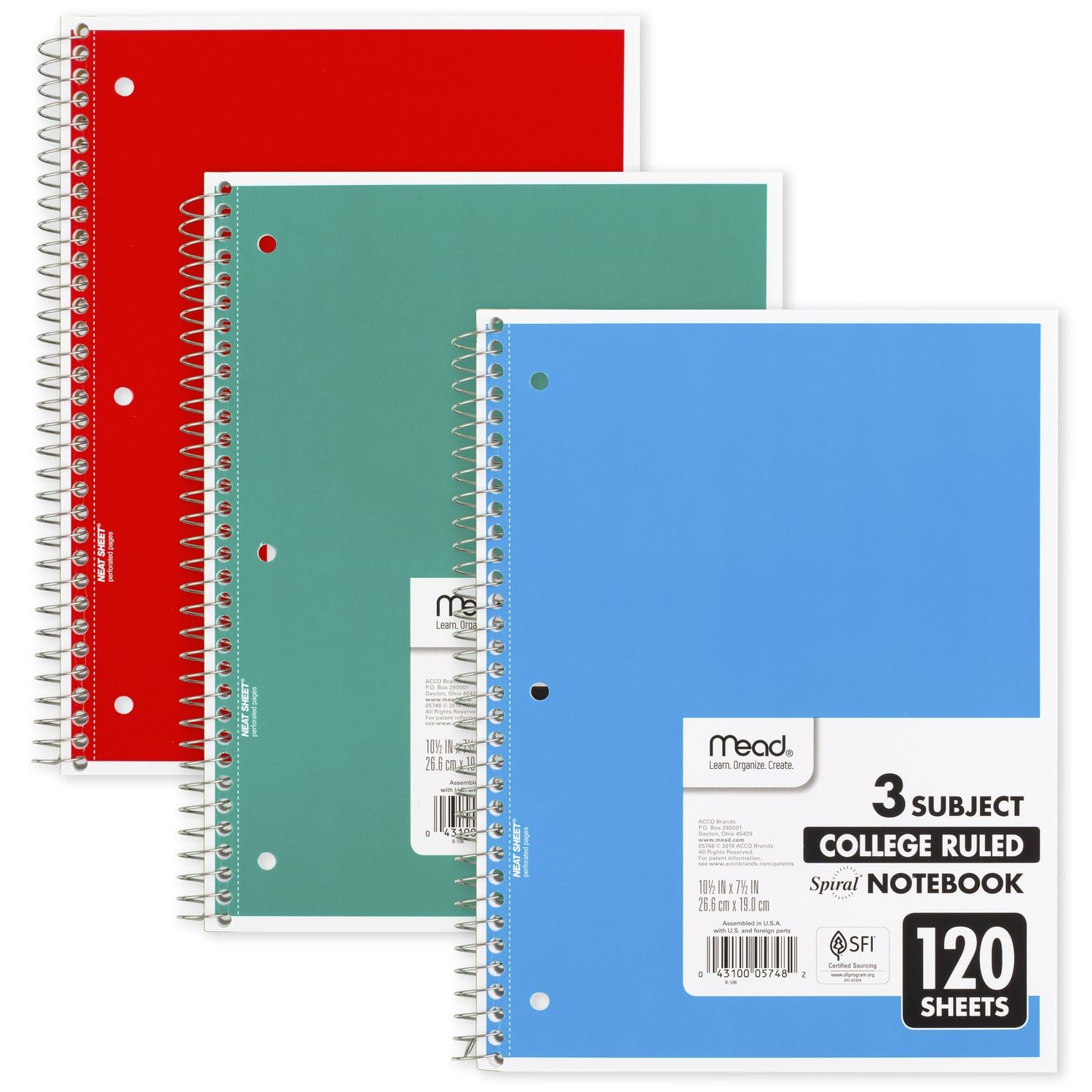 Mead Spiral Notebook, 3 Subject, College Ruled Paper, 120 Sheets, 10-1/2" x 8", Color Selected For You, 1 Count (05748)