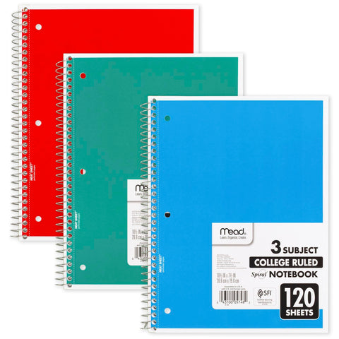 Mead Spiral Notebook, 3 Subject, College Ruled Paper, 120 Sheets, 10-1/2" x 8", Color Selected For You, 1 Count (05748)