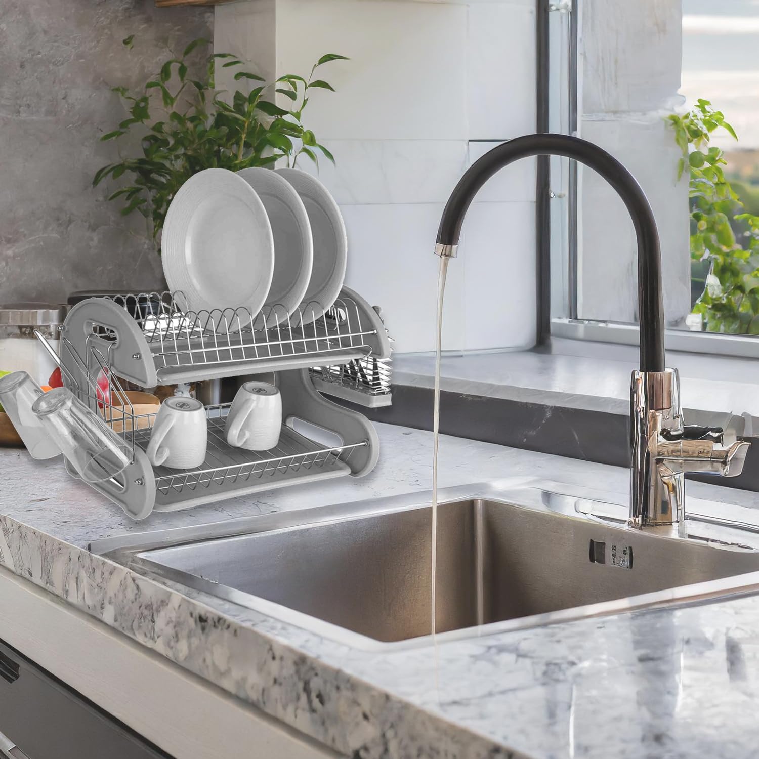 2 Tier Dish Drainer, by Home Basics (Grey) Dish Rack for Kitchen Counter, with Detachable Cutlery Holder and 6 Full Sized Glass or Cup Slots, Space-Saving Organizer