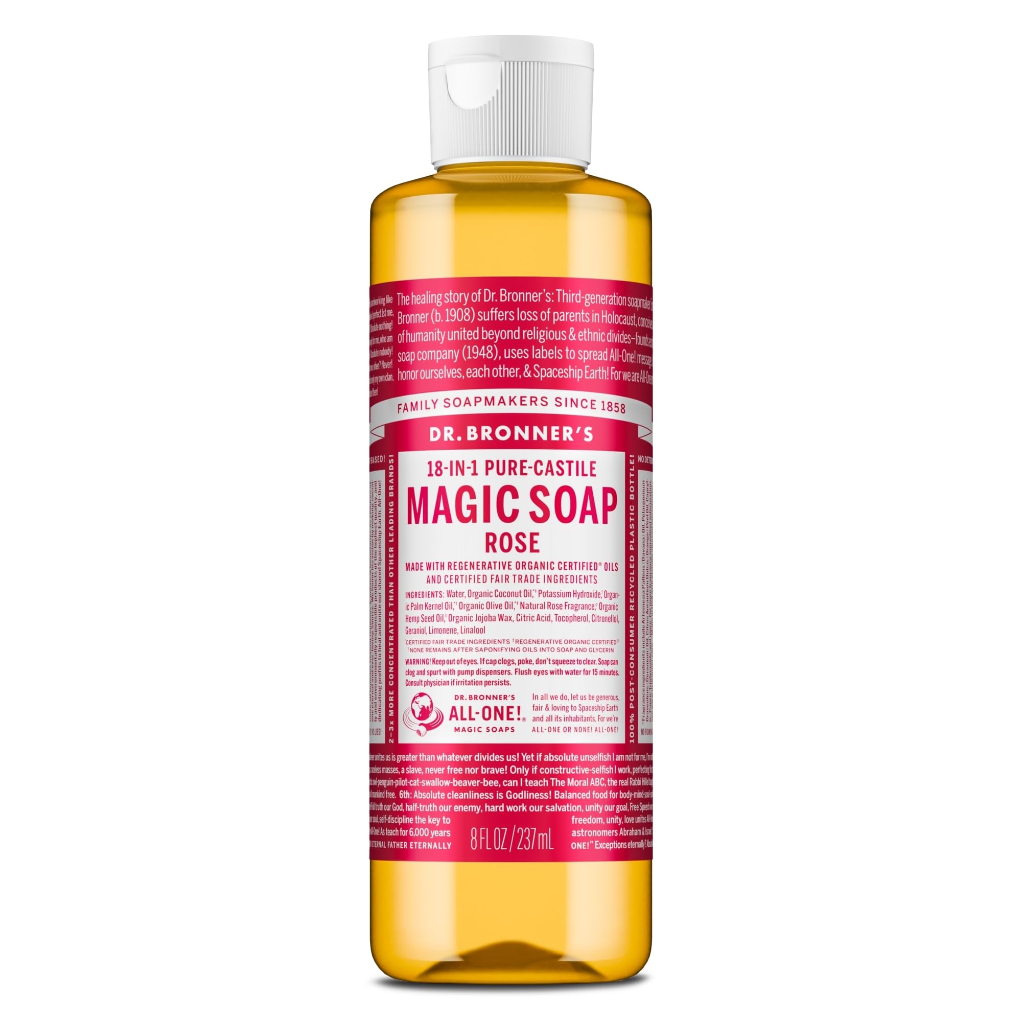 Dr. Bronner's - Pure-Castile Liquid Soap (Rose, 8 ounce) - Made with Organic Oils, 18-in-1 Uses: Face, Body, Hair, Laundry, Pets and Dishes, Concentrated, Vegan, Non-GMO