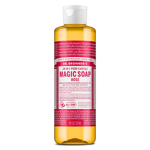 Dr. Bronner's - Pure-Castile Liquid Soap (Rose, 8 ounce) - Made with Organic Oils, 18-in-1 Uses: Face, Body, Hair, Laundry, Pets and Dishes, Concentrated, Vegan, Non-GMO