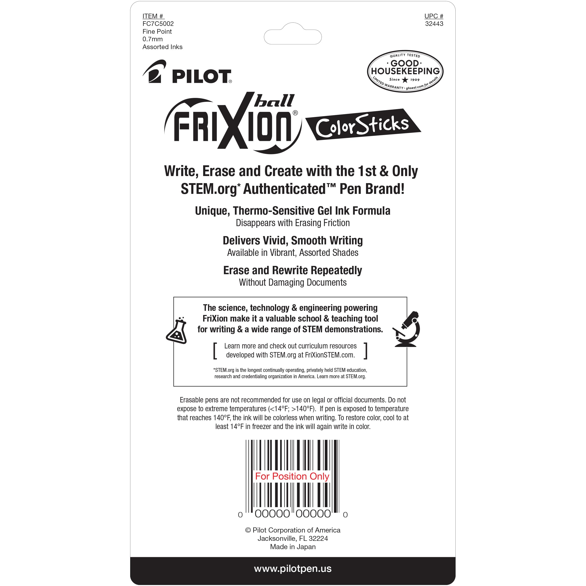 Pilot, FriXion ColorSticks Erasable Gel Ink Pens, Fine Point 0.7 mm, Pack of 5, Kelly Green, Blue, Purple, Magenta & Salmon Pink
