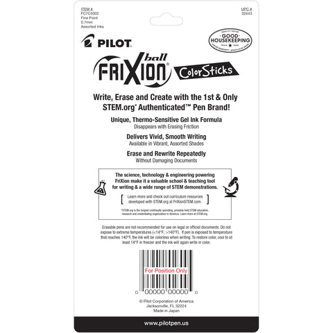Pilot, FriXion ColorSticks Erasable Gel Ink Pens, Fine Point 0.7 mm, Pack of 5, Kelly Green, Blue, Purple, Magenta & Salmon Pink