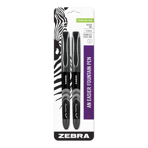 Zebra Pen, Fountain Pen, 0.6mm Fine Point, Stainless Steel Nib, Preloaded Black Ink, Smooth Ink Flow, Classic Black Barrels, No Cartridge Needed, 2-Pack (48312)