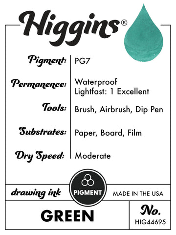 Higgins Green Pigmented Drawing Ink - for Artists and Students - 1 oz. Glass Bottle (HIG44695)