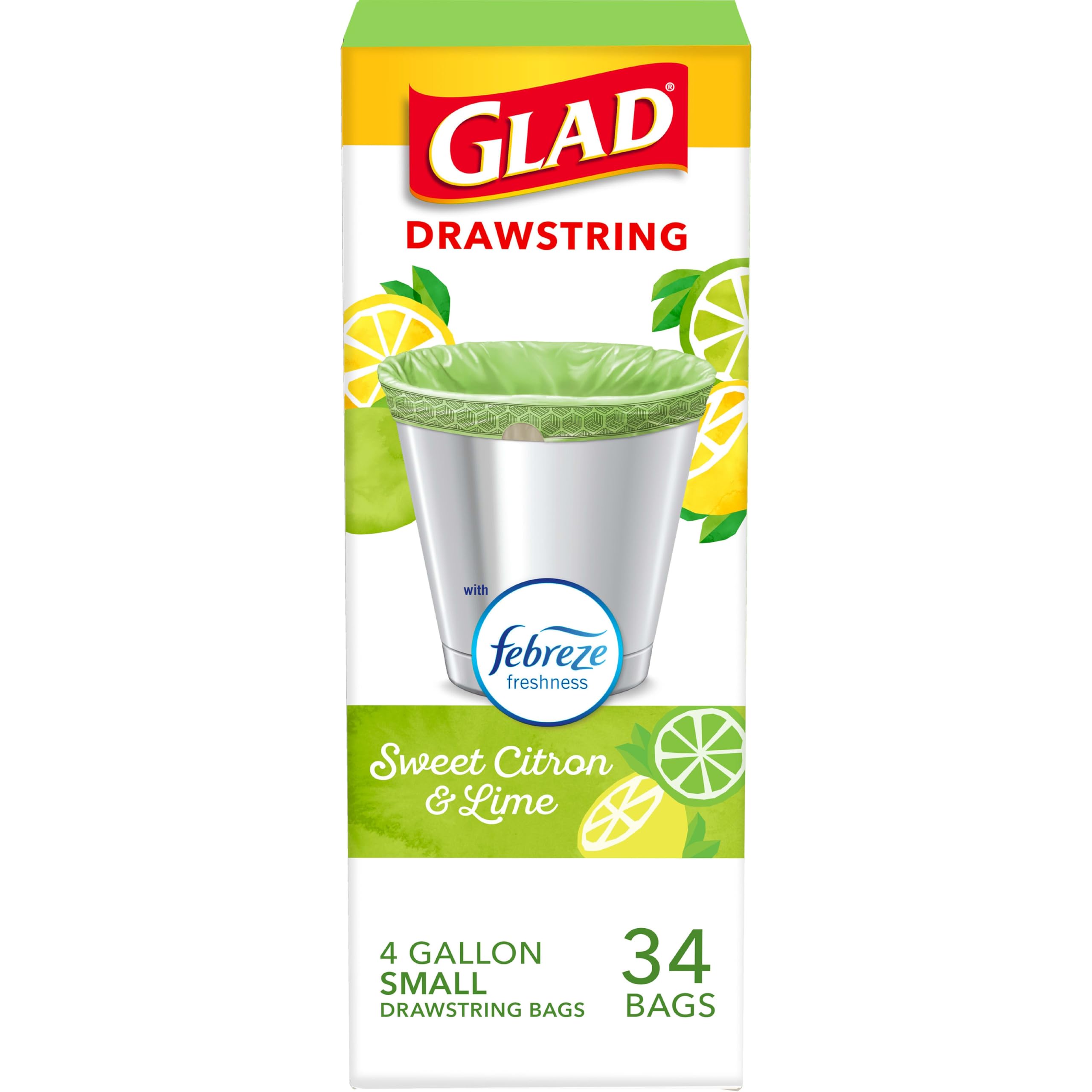 Glad Small Kitchen Drawstring Trash Bags, 4 Gallon, Febreze Sweet Citron & Lime, 34 Count