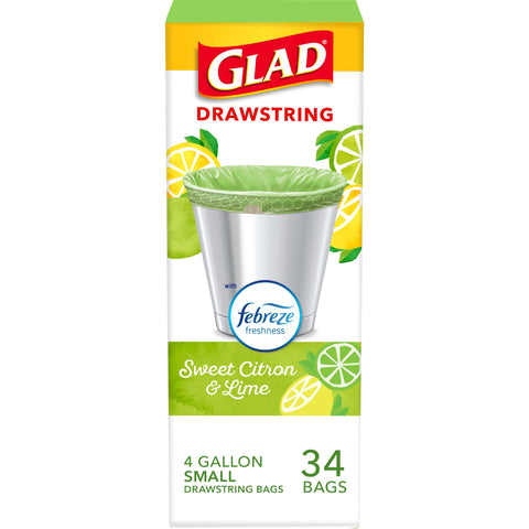 Glad Small Kitchen Drawstring Trash Bags, 4 Gallon, Febreze Sweet Citron & Lime, 34 Count