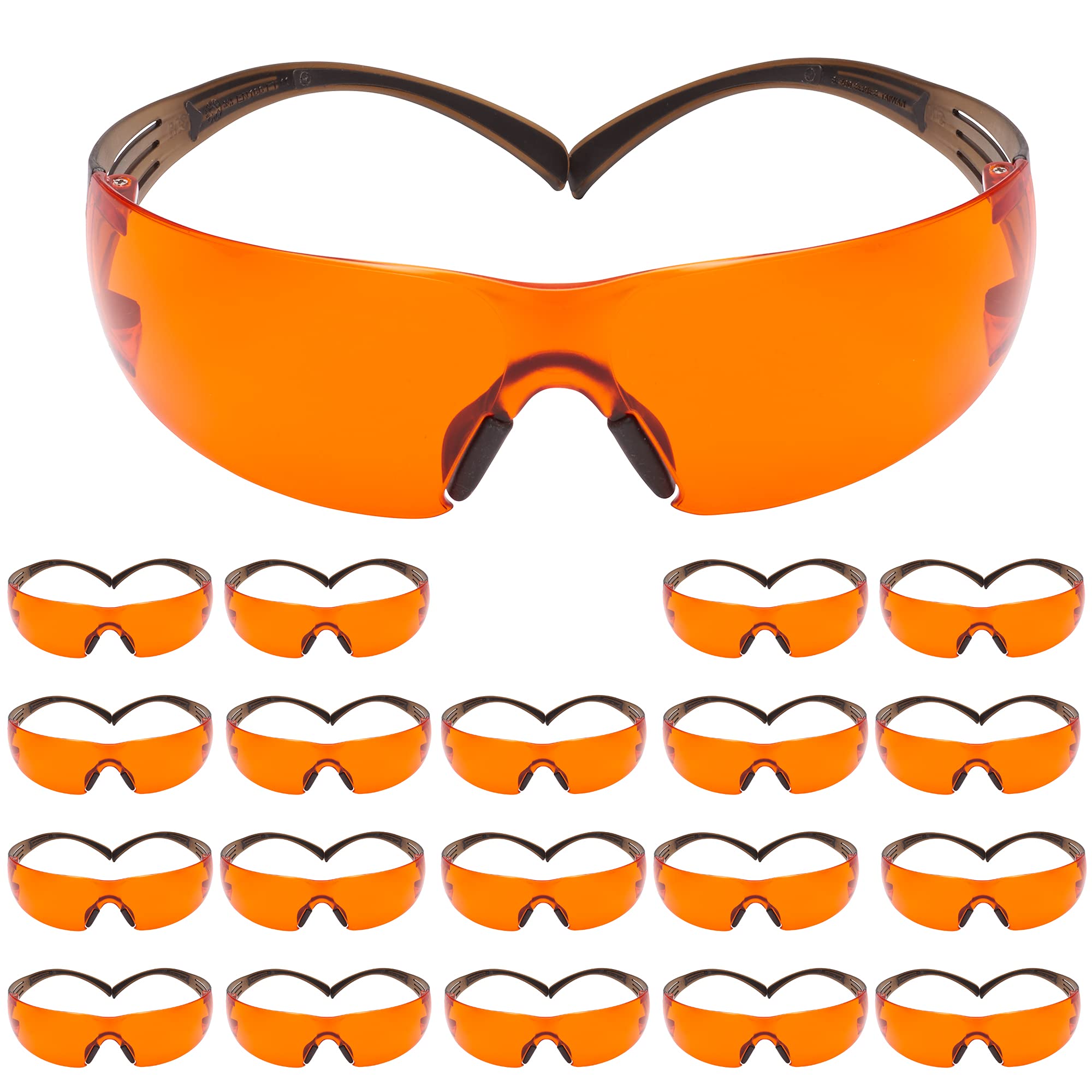 3M Safety Glasses, SecureFit, 20 Pack, ANSI Z87, Scotchgard Anti-Fog Anti-Scratch, Orange Lens, Brown/Black Frame, Flexible Temples