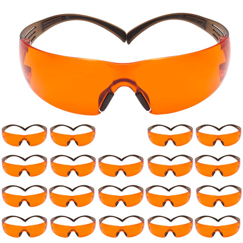 3M Safety Glasses, SecureFit, 20 Pack, ANSI Z87, Scotchgard Anti-Fog Anti-Scratch, Orange Lens, Brown/Black Frame, Flexible Temples