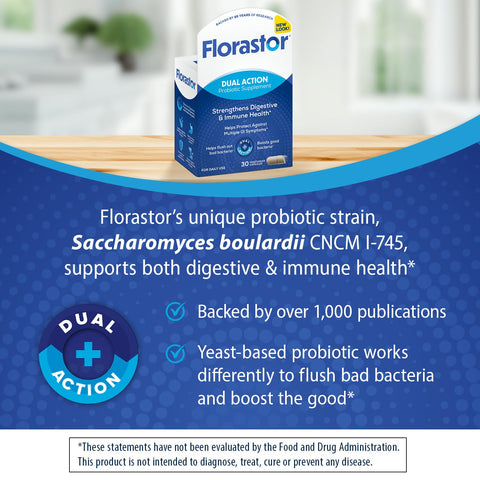 Florastor Probiotics for Digestive and Immune Health, 30 Capsules, Probiotics for Women & Men, Helps Flush Out Bad Bacteria, Boosts The Good with Our Unique Strain Saccharomyces Boulardii