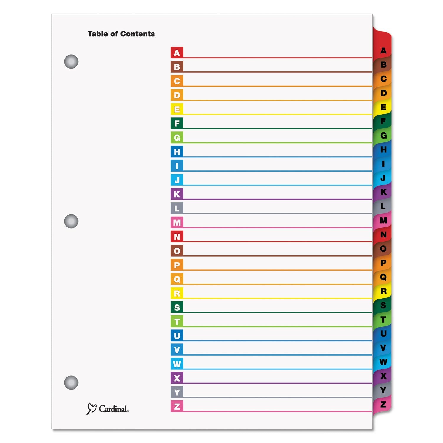 Cardinal OneStep Binder Dividers, A–Z Tab Dividers for 3 Ring Binders, Customizable Table of Contents, Reversible Multicolor Tabs, Lettered, 1 Set (60218)