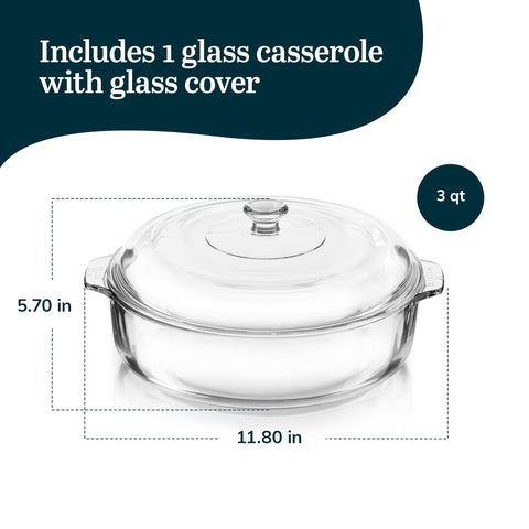Libbey Round Casserole Dish with Lid, Elegant Glass Bakeware with Lids Stackable, Round Casserole Dishes for Oven, Refrigerator, Microwave, and More