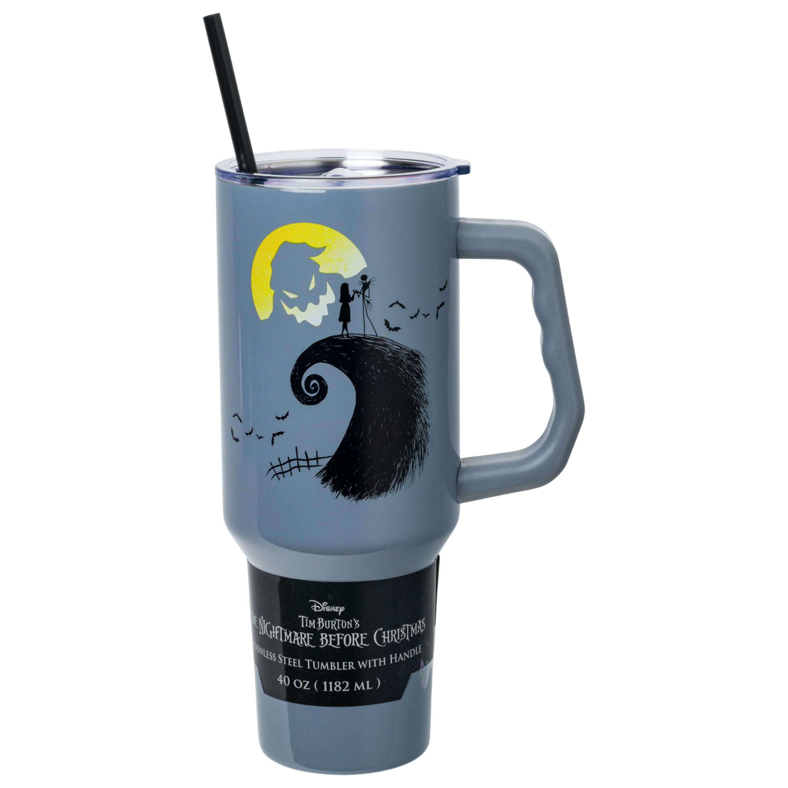 Silver Buffalo Disney Nightmare Before Christmas Featuring Oogie Boogie, Jack Skellington, and Sally Double Walled Stainless Steel Tumbler with Handle and Straw, Fits in Standard Cup Holder, 40 Ounces