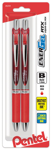 Pentel EnerGel RTX Retractable Liquid Gel Pen, Bold Line, Metal Tip, Red Ink 2-Pack (BL80BP2B)