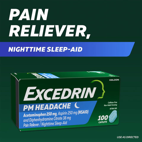 Excedrin PM for Headache Relief, Acetaminophen 250mg, Aspirin 250mg, Diphenhydramine Citrate 38mg, Pain Reliever, Nighttime Sleep-Aid, 24 Count