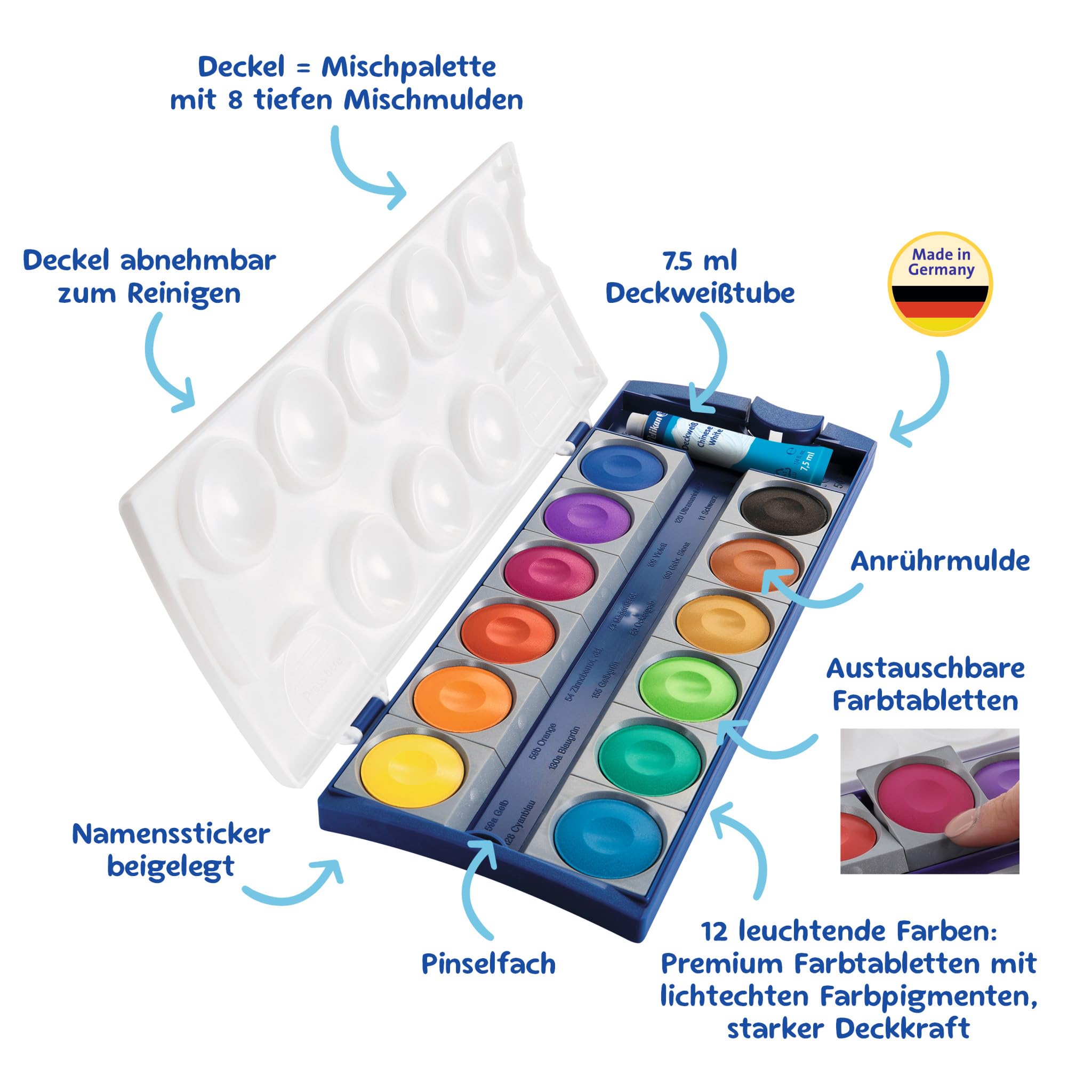 Pelikan Opaque Watercolor Paint Set, 12 Colors Plus Chinese White Tube (720854)
