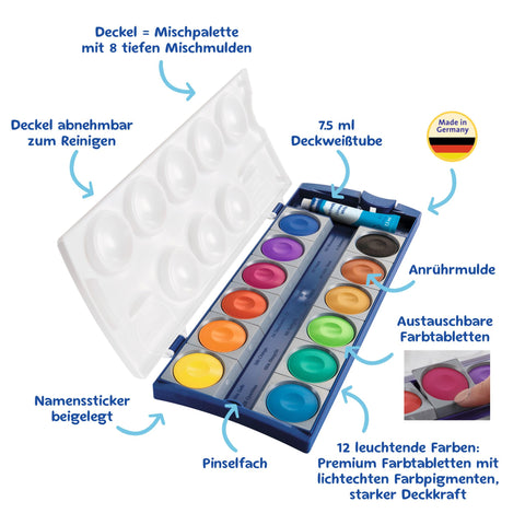 Pelikan Opaque Watercolor Paint Set, 12 Colors Plus Chinese White Tube (720854)