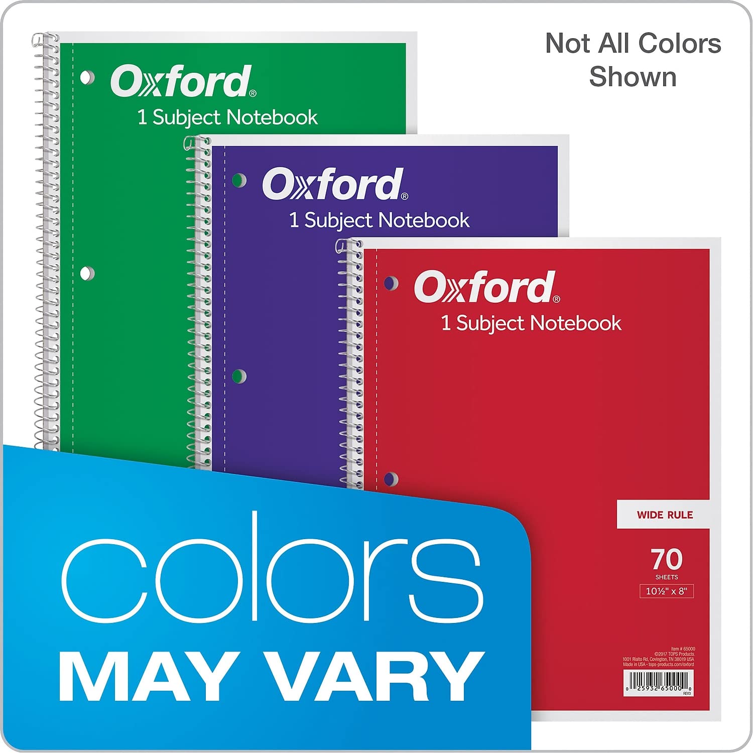 Oxford 1-Subject Spiral Notebook, Wide Rule, 8 x 10.5 Inch, Bright White Paper, 70 Sheets per Book, Cover Color May Vary, One Notebook (65000)