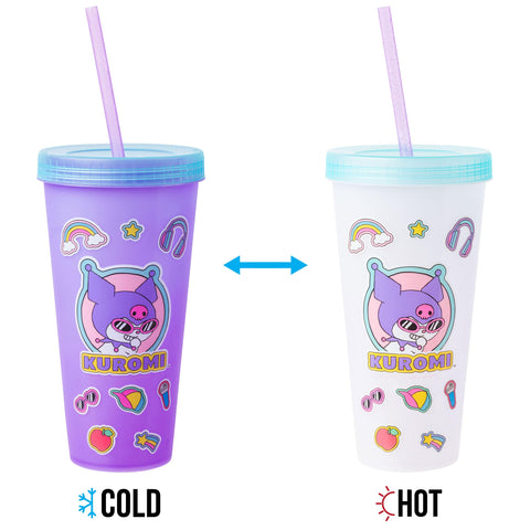Silver Buffalo Sanrio Hello Kitty and Friends Sticker Design Featuring Kuromi, Keroppi, My Melody, and Hello Kitty 4 Pack Color Changing Plastic Tumbler Set with Glitter Straw, 24 Ounces