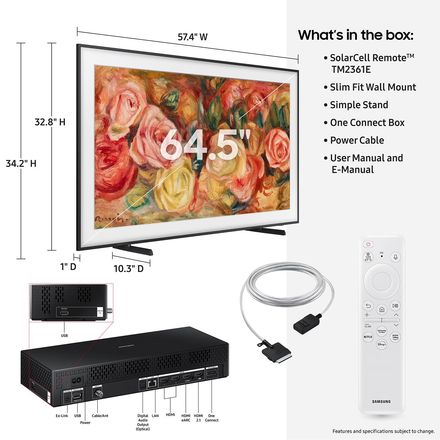 SAMSUNG 65-Inch Class QLED 4K LS03D The Frame Series Quantum HDR Smart TV w/Dolby Atmos, Art Mode, Anti-Reflection, Customizable Frame, Slim Fit Wall Mount with Alexa Built-in (QN65LS03D, 2024 Model)