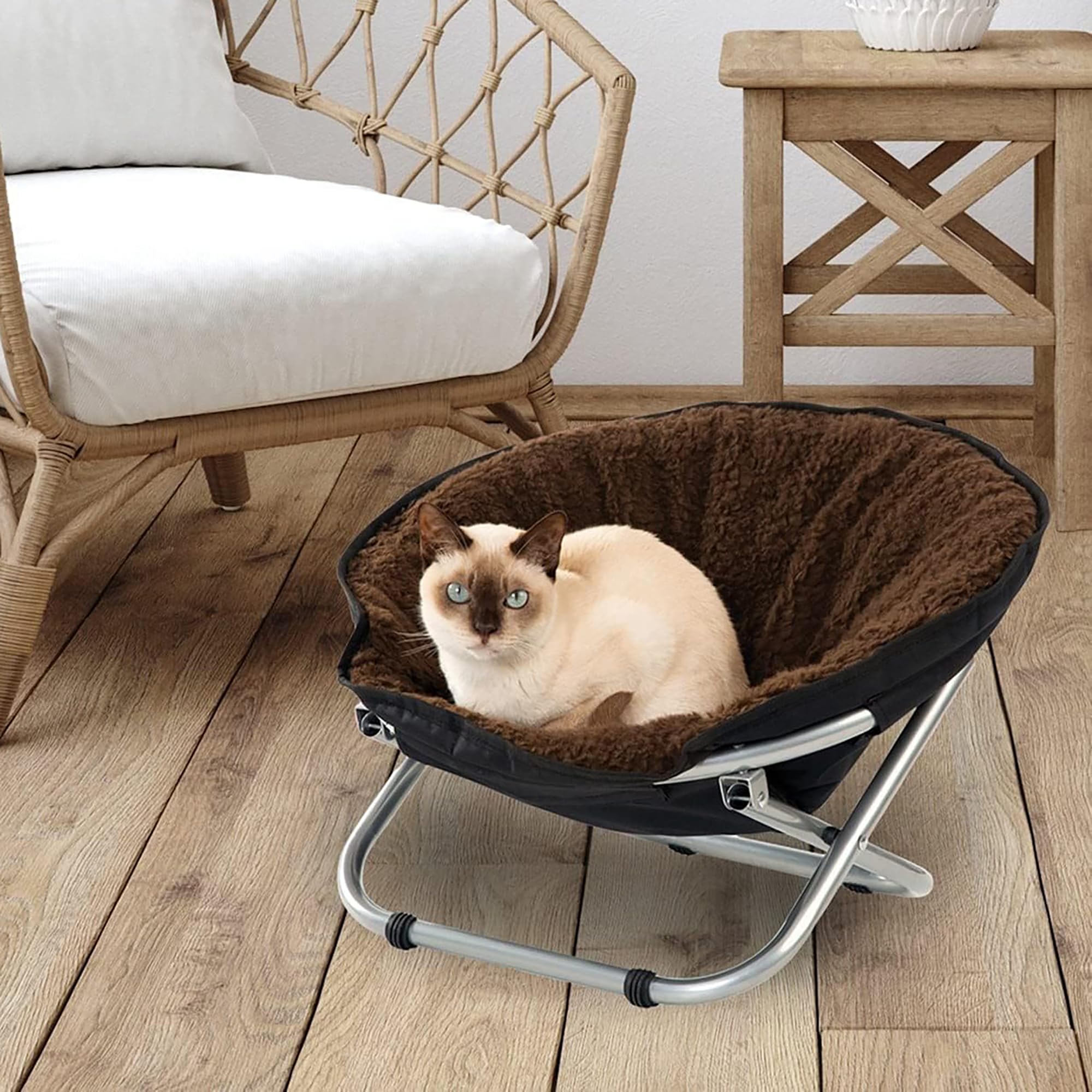 Etna Folding Pet Cozy Chair - Portable Round Fold Out Elevated Cat Bed - Brown Fleece Top Cushion - Papasan Chair for Small Dogs