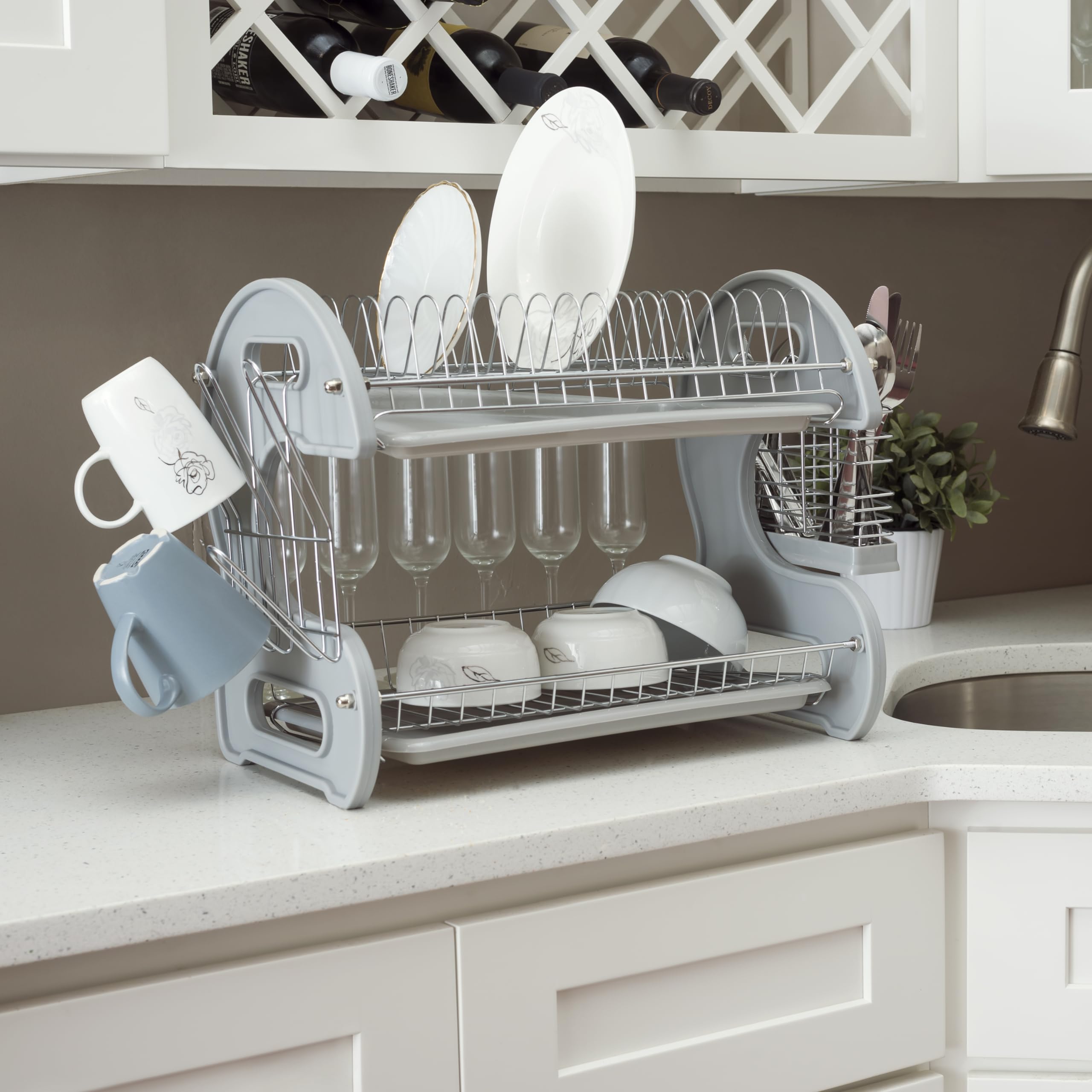 2 Tier Dish Drainer, by Home Basics (Grey) Dish Rack for Kitchen Counter, with Detachable Cutlery Holder and 6 Full Sized Glass or Cup Slots, Space-Saving Organizer