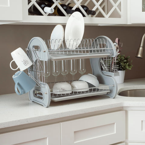 2 Tier Dish Drainer, by Home Basics (Grey) Dish Rack for Kitchen Counter, with Detachable Cutlery Holder and 6 Full Sized Glass or Cup Slots, Space-Saving Organizer