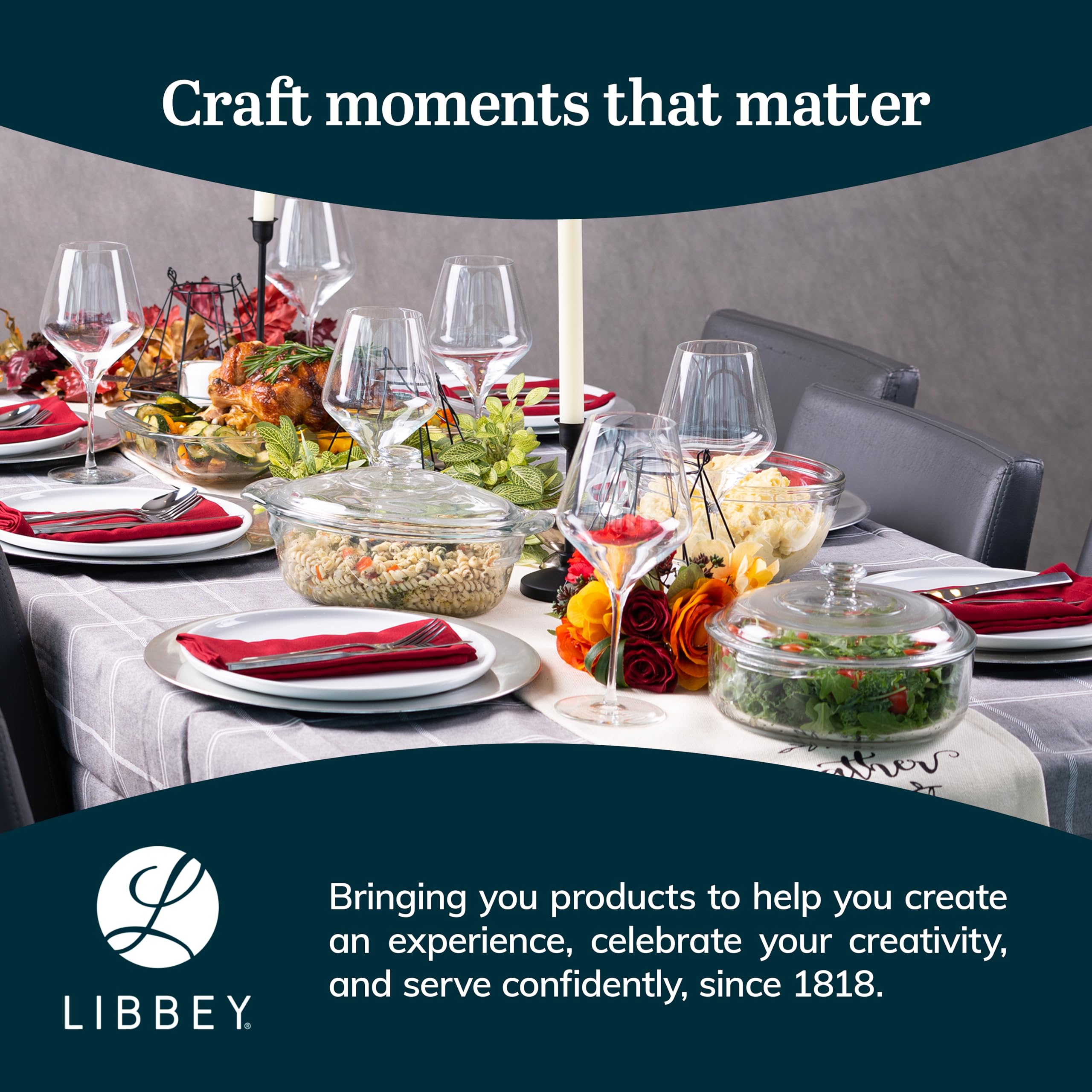 Libbey Round Casserole Dish with Lid, Elegant Glass Bakeware with Lids Stackable, Round Casserole Dishes for Oven, Refrigerator, Microwave, and More