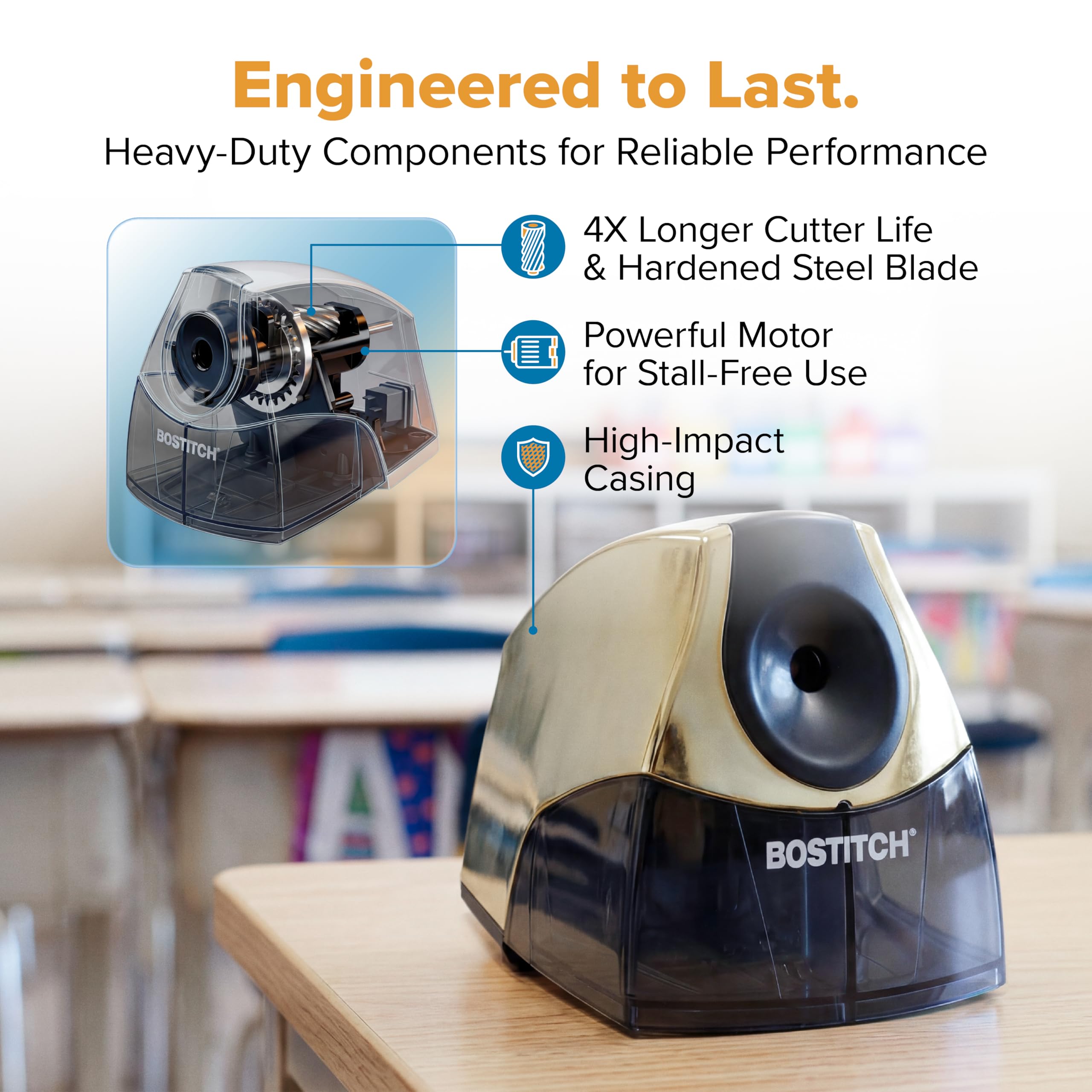 Bostitch Office Electric Pencil Sharpener for Classroom & Desk Use, Heavy-Duty Stall-Free Motor, High-Capacity Shavings Tray, Gold Chrome