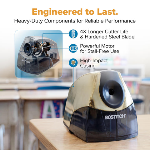 Bostitch Office Electric Pencil Sharpener for Classroom & Desk Use, Heavy-Duty Stall-Free Motor, High-Capacity Shavings Tray, Gold Chrome