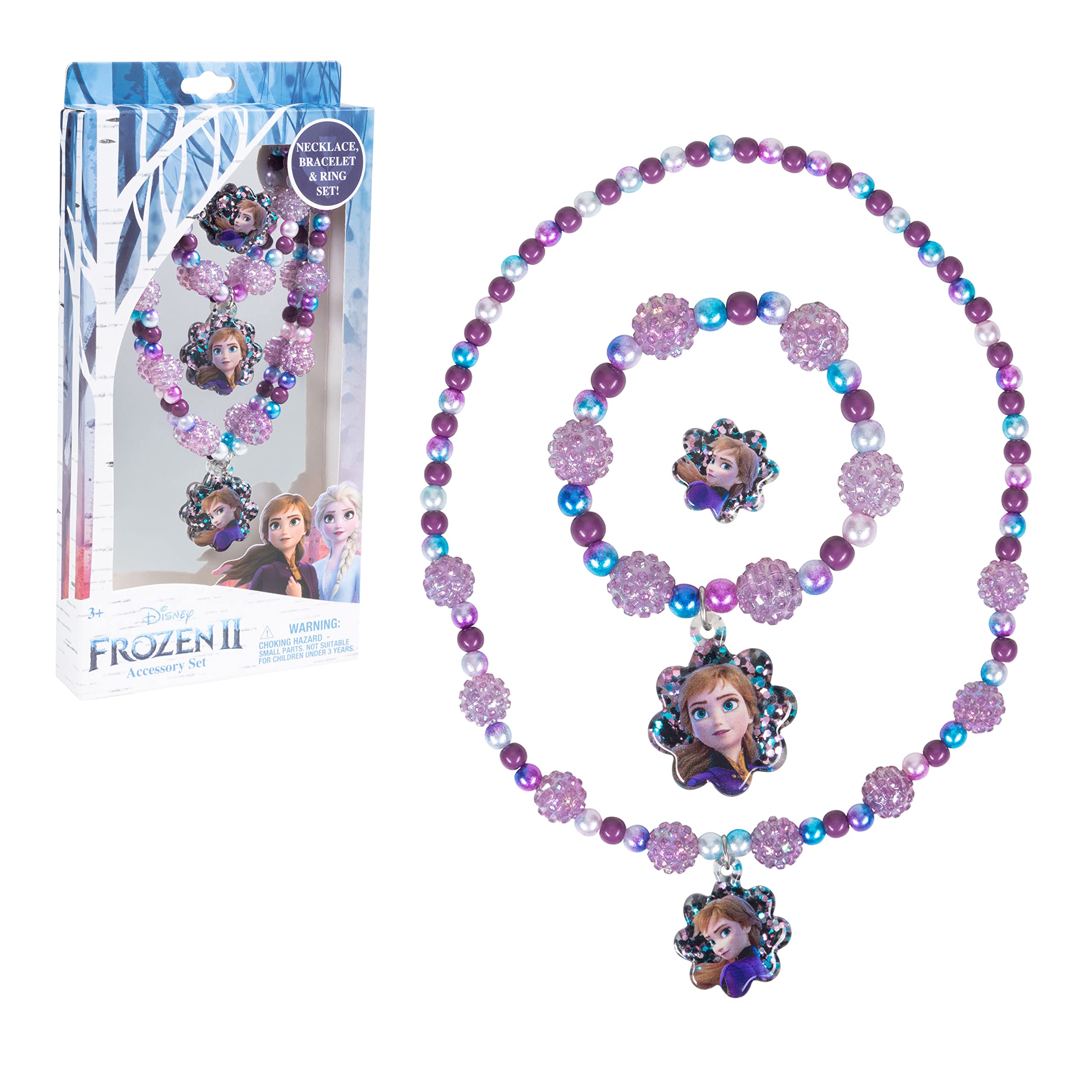 LUV HER Disney Frozen Girls Jewelry Set - Dress Up 3 Piece Toy Jewelry Box Set with Bead Necklace, Bracelet, and Ring - Frozen Play Accessories - Ages 3+