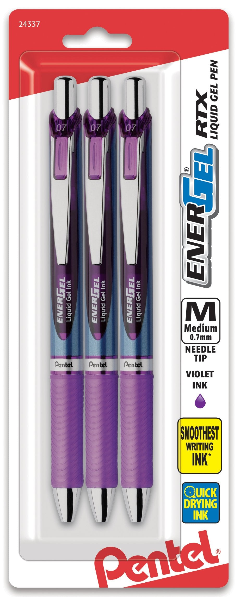 Pentel EnerGel Deluxe RTX Needle Retractable Gel Ink Pens, Medium, Violet, 3 Pack (BLN77BP3V)