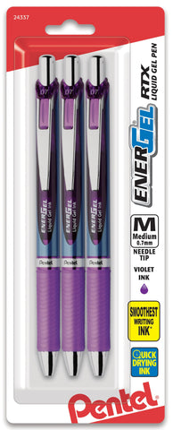 Pentel EnerGel Deluxe RTX Needle Retractable Gel Ink Pens, Medium, Violet, 3 Pack (BLN77BP3V)