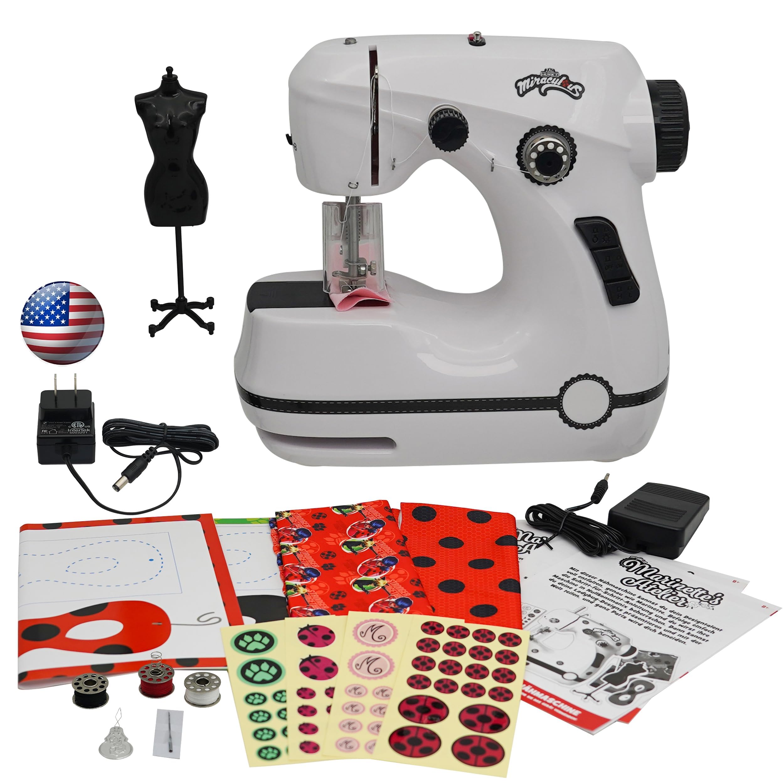 Miraculous Ladybug - Marinette's Mini Sewing Machine For Beginners And Kids, Dual Speed Portable Machine with Miraculous Fabric, Black Mannequin, Superhero Mask Cutouts, And Foot Pedal (Wyncor)
