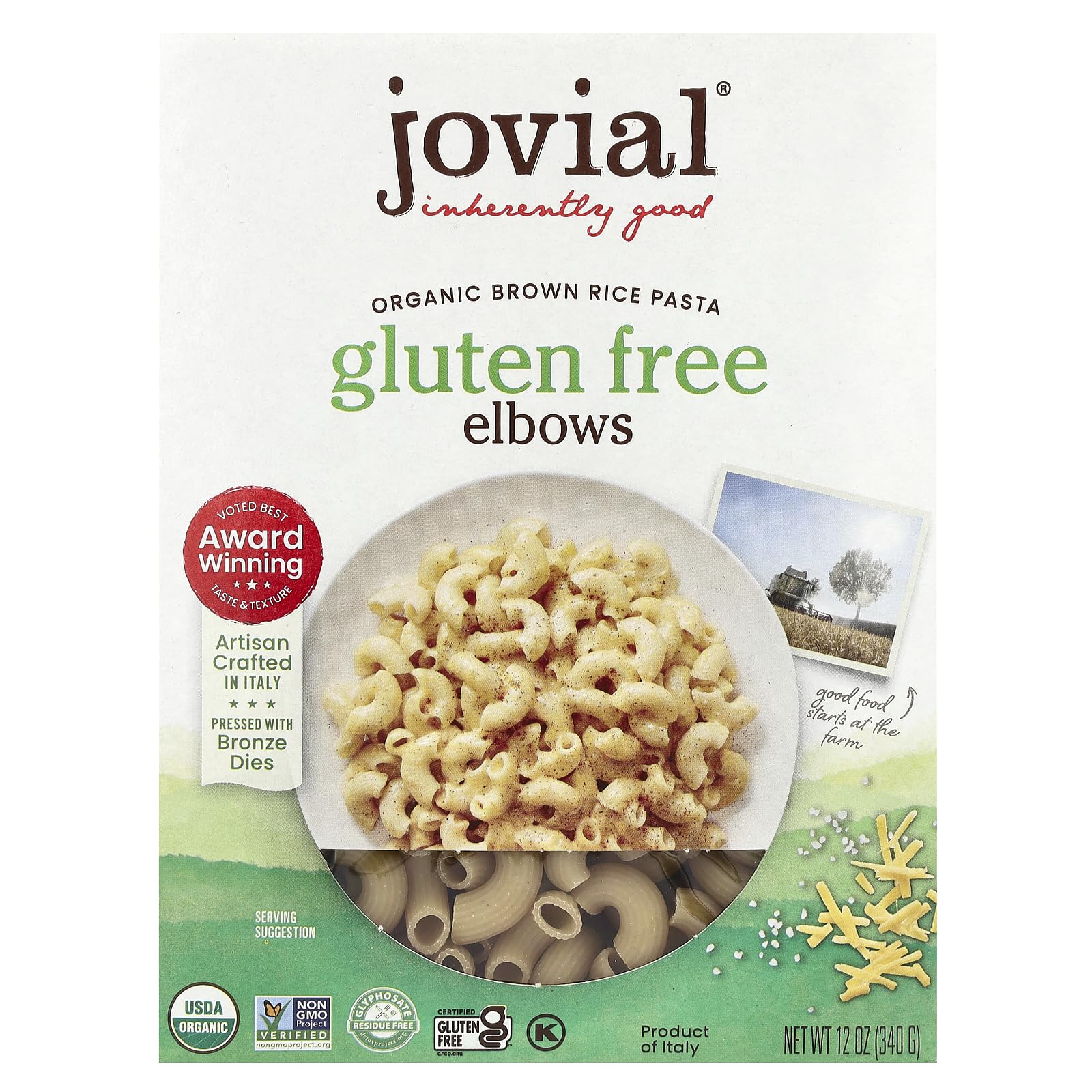 Jovial Whole Grain Brown Rice Elbows Pasta -Whole Grain Pasta, Organic, Gluten Free, Dairy Free, Brown Rice, Made in Italy - 12 Oz, 1 Pack