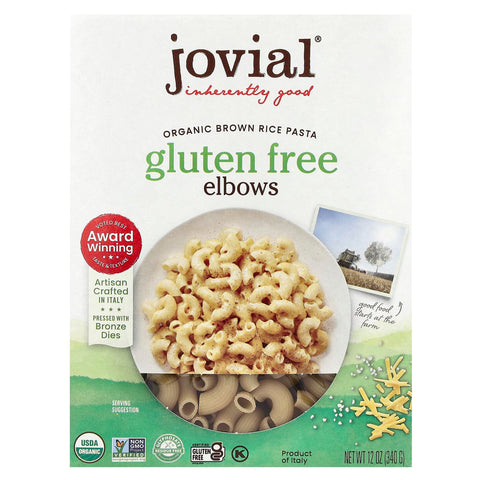 Jovial Whole Grain Brown Rice Elbows Pasta -Whole Grain Pasta, Organic, Gluten Free, Dairy Free, Brown Rice, Made in Italy - 12 Oz, 1 Pack