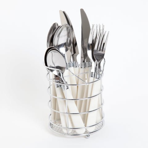 Gibson Sensations 16-Piece Stainless Steel Flatware Set with Metal Caddy - Includes Knives, Forks, Large & Small Spoons - Durable, Dishwasher Safe Silverware for Everyday Dining (White)