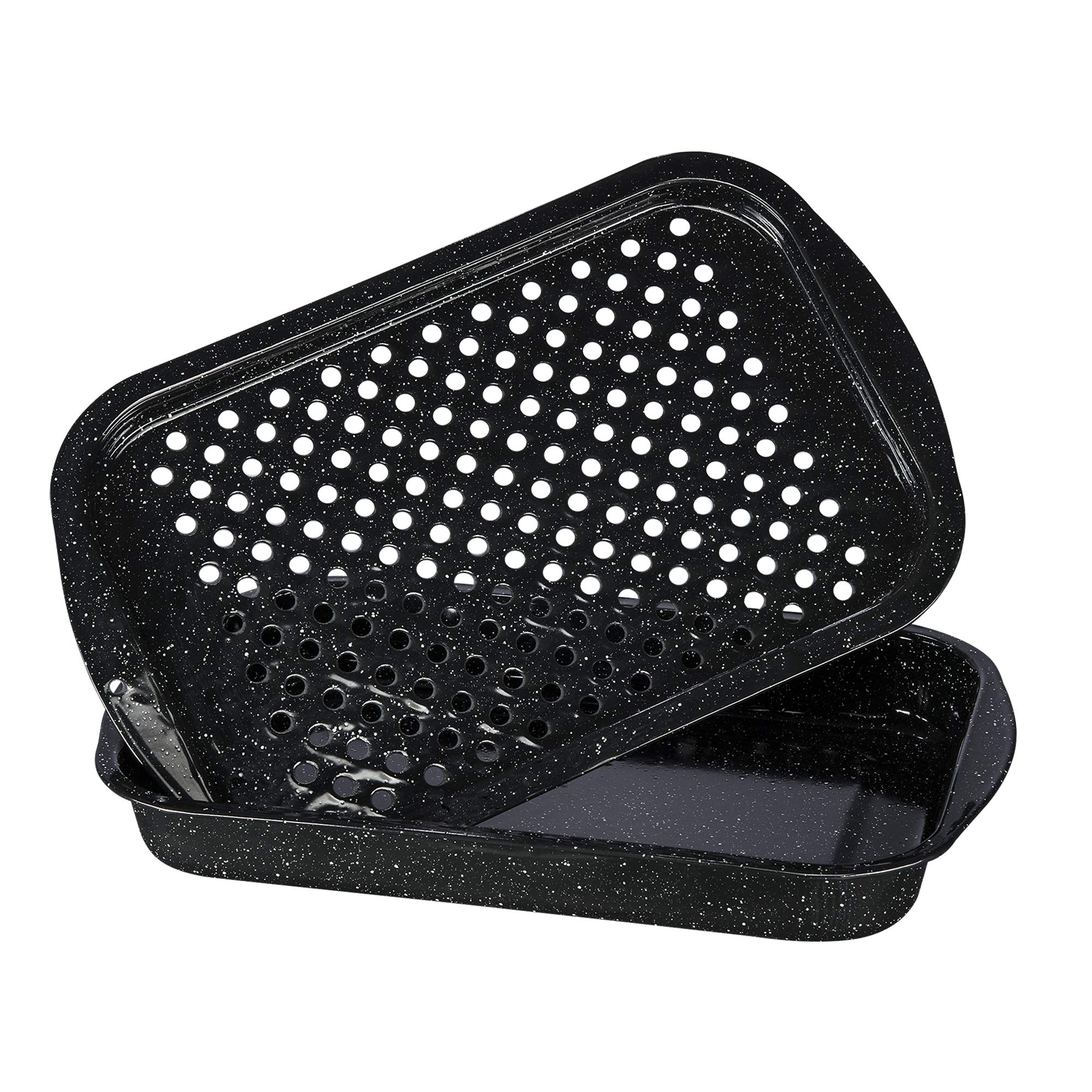 Granite Ware 3 piece multiuse set. Enameled steel bake, broiler pan, and grill with rack. Versatile for oven and direct fire cooking. Resists up to 932°F.
