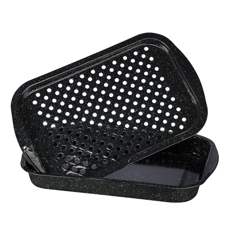 Granite Ware 3 piece multiuse set. Enameled steel bake, broiler pan, and grill with rack. Versatile for oven and direct fire cooking. Resists up to 932°F.