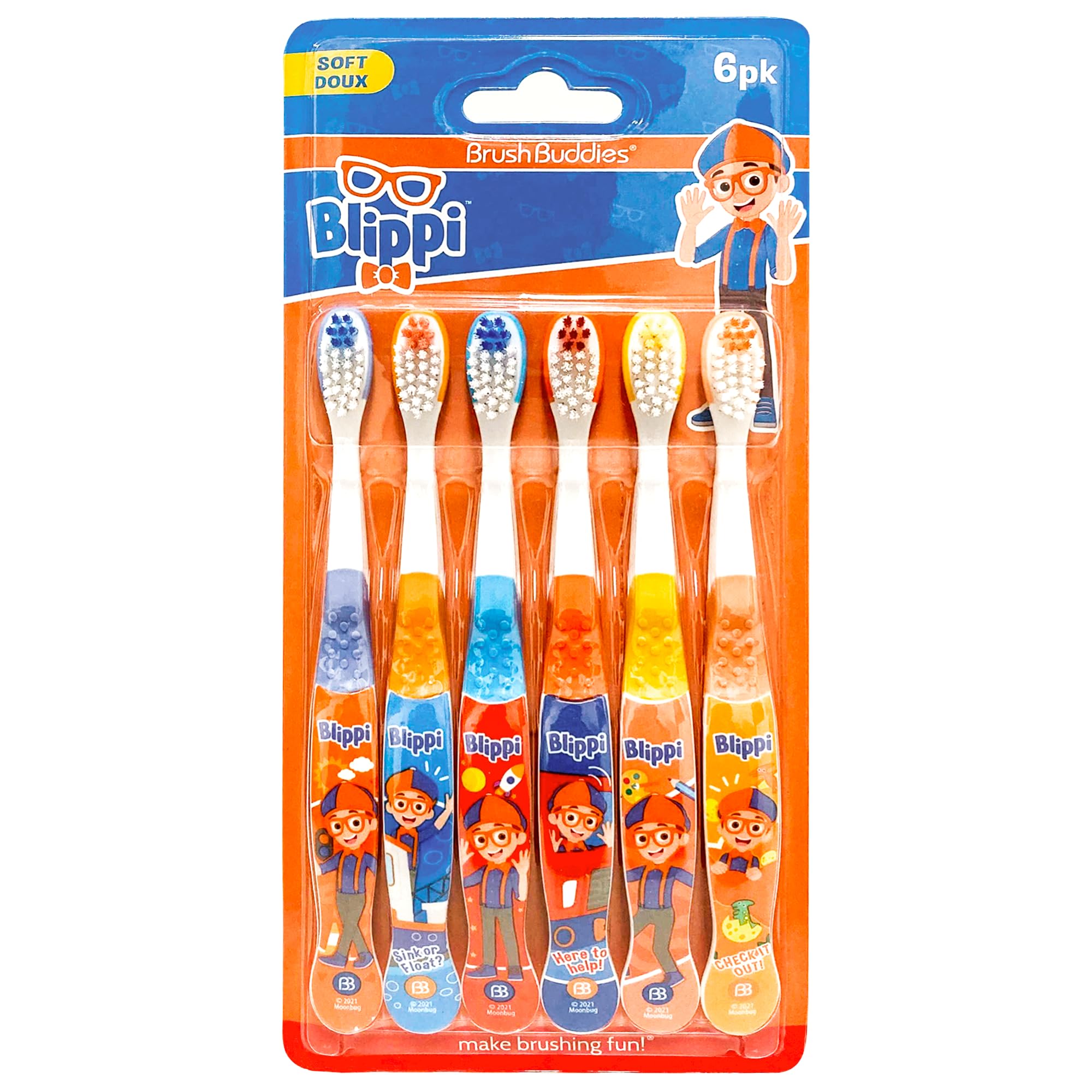 Brush Buddies Blippi Kids Toothbrush Set of 6 Pack Soft Bristle Toothbrushes for Toddlers Ages 2+, Extra Gentle Bristles, Small Head, Easy Grip Handle, Fun Blippi Characters, Kids Oral Care