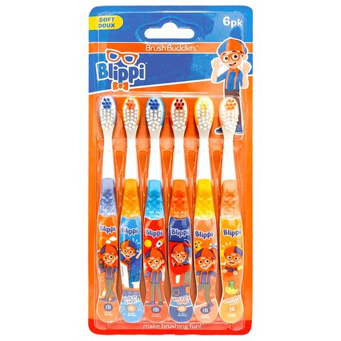 Brush Buddies Blippi Kids Toothbrush Set of 6 Pack Soft Bristle Toothbrushes for Toddlers Ages 2+, Extra Gentle Bristles, Small Head, Easy Grip Handle, Fun Blippi Characters, Kids Oral Care