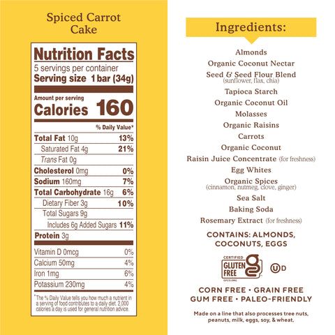 Simple Mills Almond Flour Snack Bars, Spiced Carrot Cake - Gluten Free, Made with Organic Coconut Oil, Breakfast Bars, Healthy Snacks, Paleo Friendly, 6 Ounce (Pack of 1)