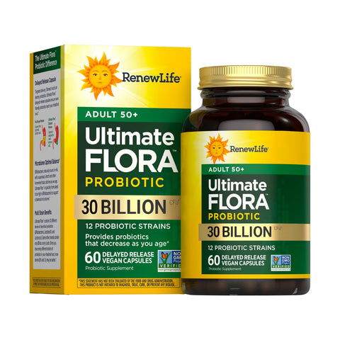 Renew Life Probiotic Adult 50 Plus Probiotic Capsules, Daily Supplement Supports Urinary, Digestive and Immune Health, L. Rhamnosus GG, Dairy, Soy and gluten-free, 30 Billion CFU, 60 Count