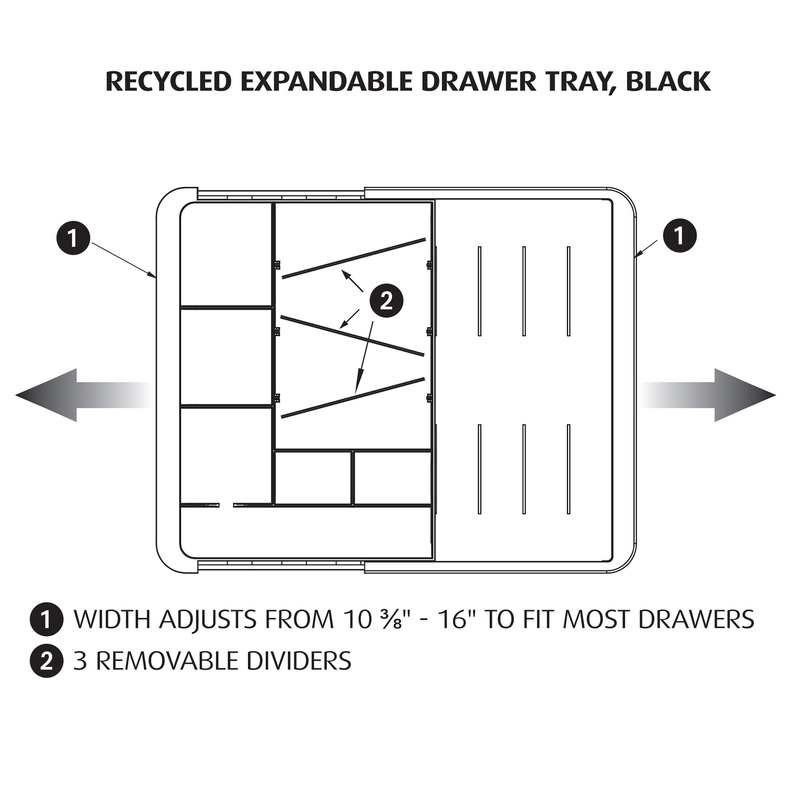 Officemate Expandable Drawer Organizer Tray, Adjustable 10.3"–16" Width, Customizable Compartments with Dividers, Recycled Plastic, Black